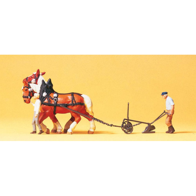 Preiser 30431 fermier avec charrue, 2 chevaux HO