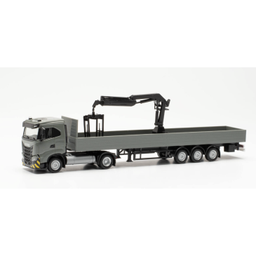 Herpa 316415 Semi-remorque plateau Iveco S-Way ND LNG avec grue de chargement, gris/jaune, H0