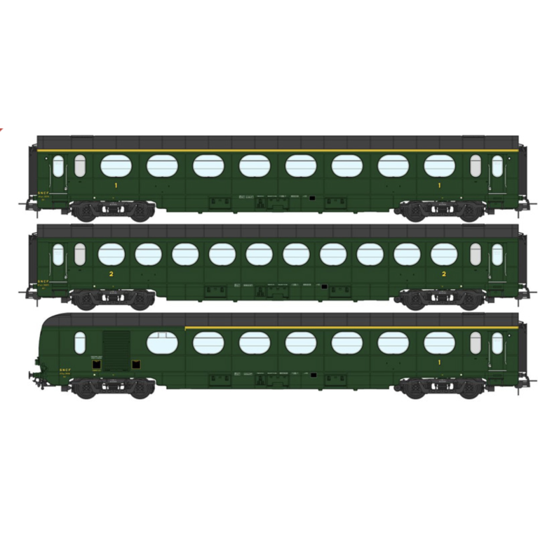 REE Modeles VB-494 Coffret de 3 voitures allégées \"saucissons\", SNCF, Ep IIIB, H0