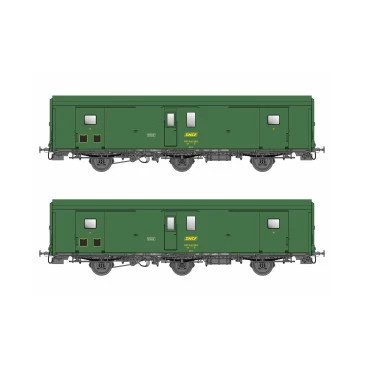 Models World 108 Set de 2 wagons fourgons 3 essieux, PLM, Dd2, Vert 301, logo SNCF jaune, ep.IVa, feux fin de convoi