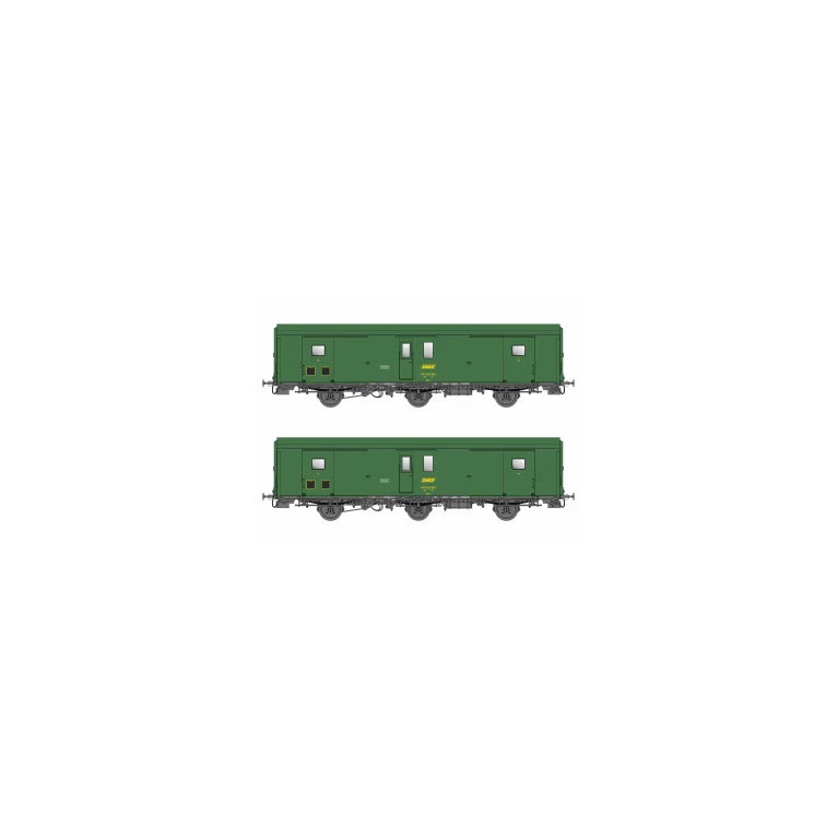 Models World 108 Set de 2 wagons fourgons 3 essieux, PLM, Dd2, Vert 301, logo SNCF jaune, ep.IVa, feux fin de convoi