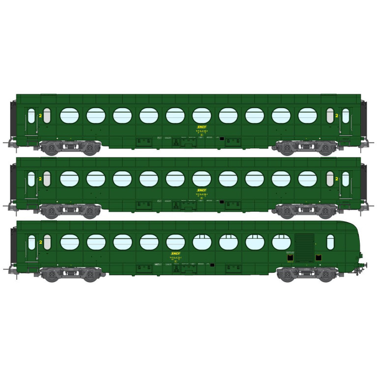 REE Modeles VB-500 Coffret de 3 voitures allégées "saucissons", SNCF, Ep IIIB, H0