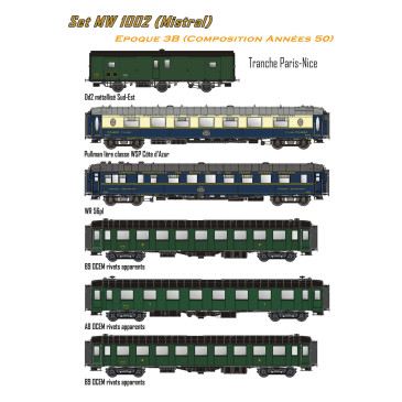 Models World Set MW 1002 - 6 voitures OCEM RA, WR, WSP et fourgon "Le Mistral", SNCF, Ep. III -