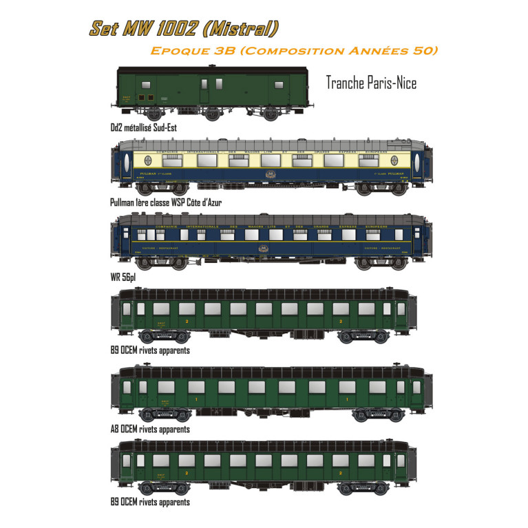 Models World Set MW 1002 - 6 voitures OCEM RA, WR, WSP et fourgon \\\"Le Mistral\\\", SNCF, Ep. III -