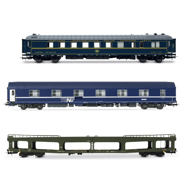 JOUEF HJ4207 - Train Auto-Couchettes, 2 voitures WR ex-CIWL, WL T2 et porte autos DD, SNCF/SNCB, Ep. IV et V - HO 1/87
