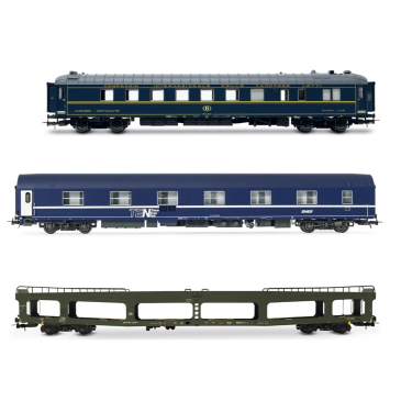 JOUEF HJ4207 - Train Auto-Couchettes, 2 voitures WR ex-CIWL, WL T2 et porte autos DD, SNCF/SNCB, Ep. IV et V - HO 1/87