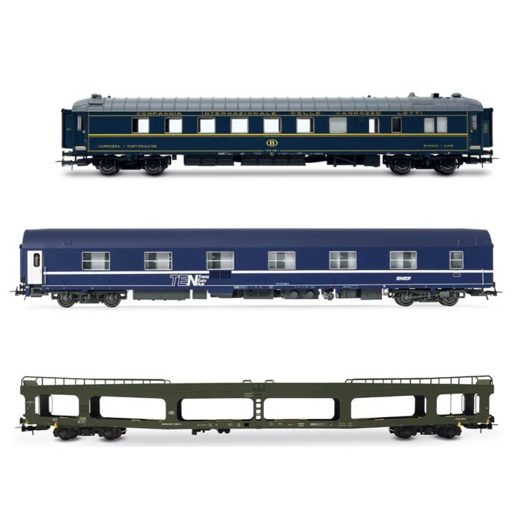 JOUEF HJ4207 - Train Auto-Couchettes, 2 voitures WR ex-CIWL, WL T2 et porte autos DD, SNCF/SNCB, Ep. IV et V - HO 1/87