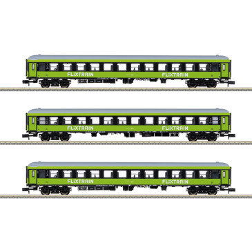 Minitrix 15462- 3 voitures voyageurs type Bmmz 264.4F et 264.4, 2CL, "FlixTrain", Trainpool, Ep. VI - N 1/160