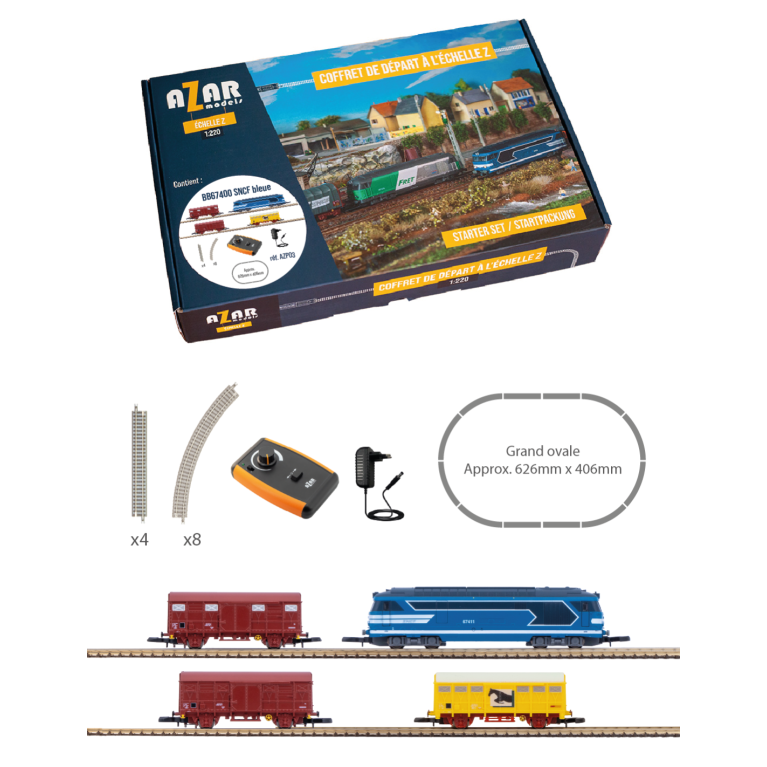 AZAR AZP3 - Coffret de départ «Bleue», BB67400 bleue + 3 wagons G4 + ovale Rokuhan + régulateur Zmaster - Z 1/220
